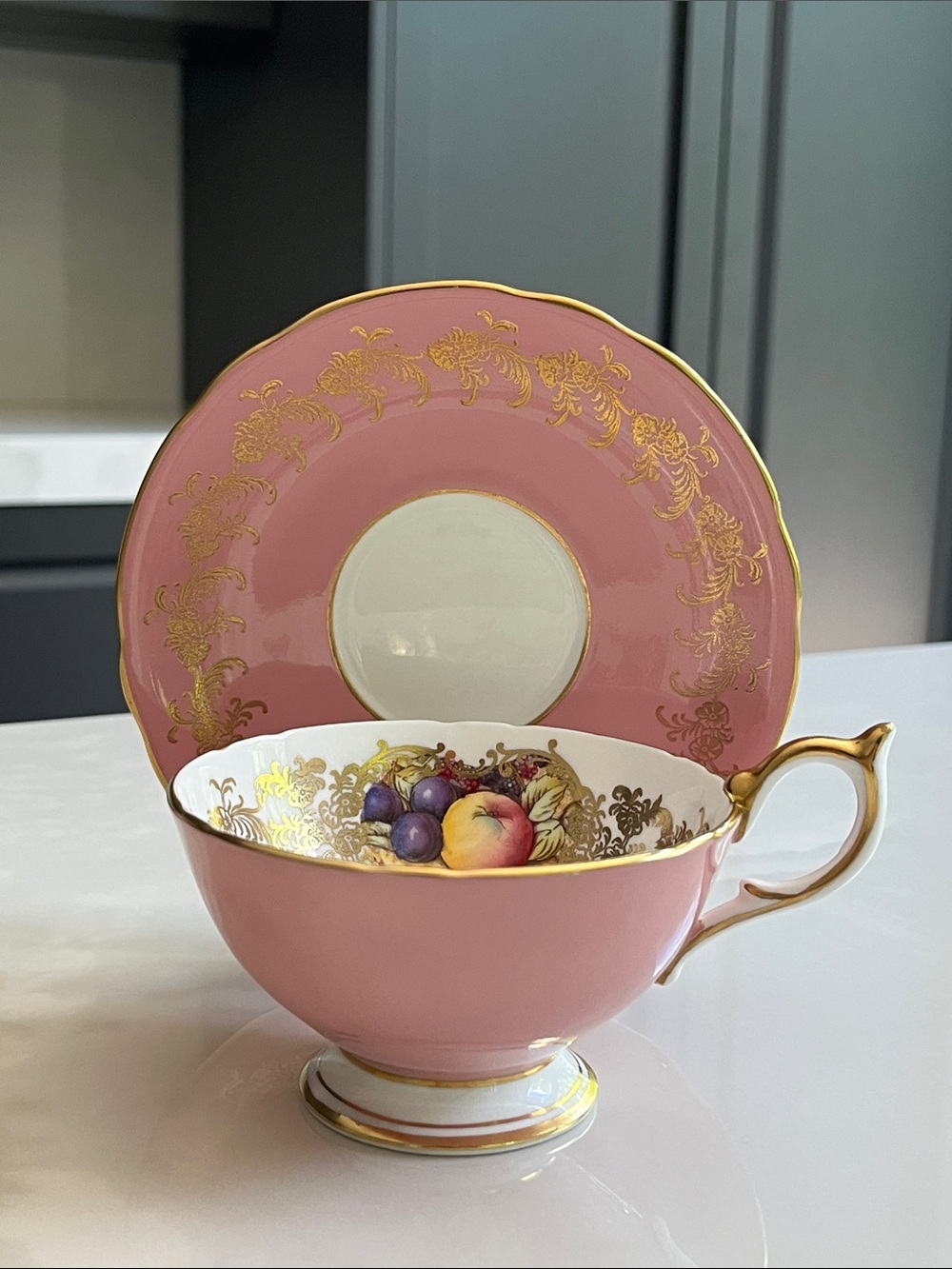 Aynsley Orchard Tea Cup and Saucer. Aynsley Tea Cup, Pink Gold Fruit. Pristine.